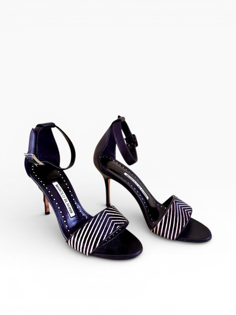 Manolo Blahnik Chevron Calf Hair & Leather Ankle Strap Sandals
